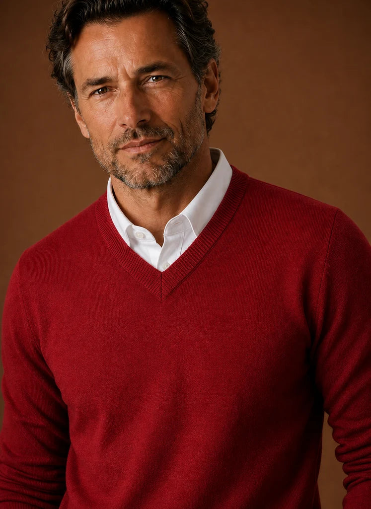 Men's V-Neck Knit Sweater - Casual Pullover