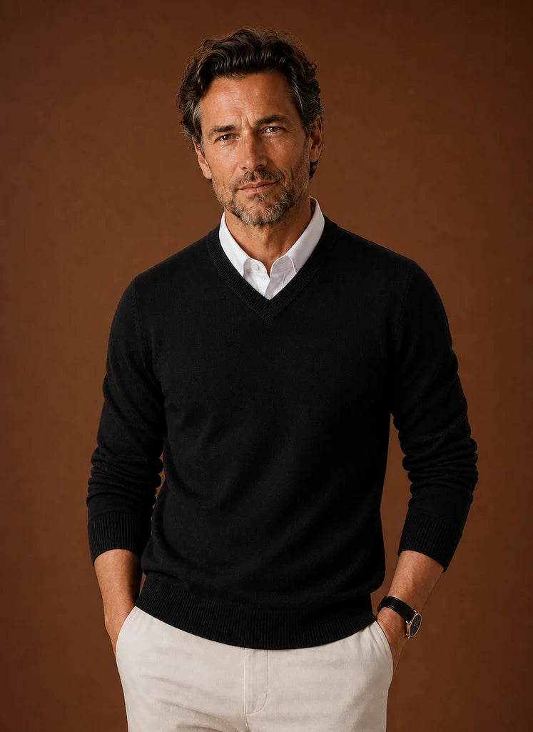 Men's V-Neck Knit Sweater - Casual Pullover