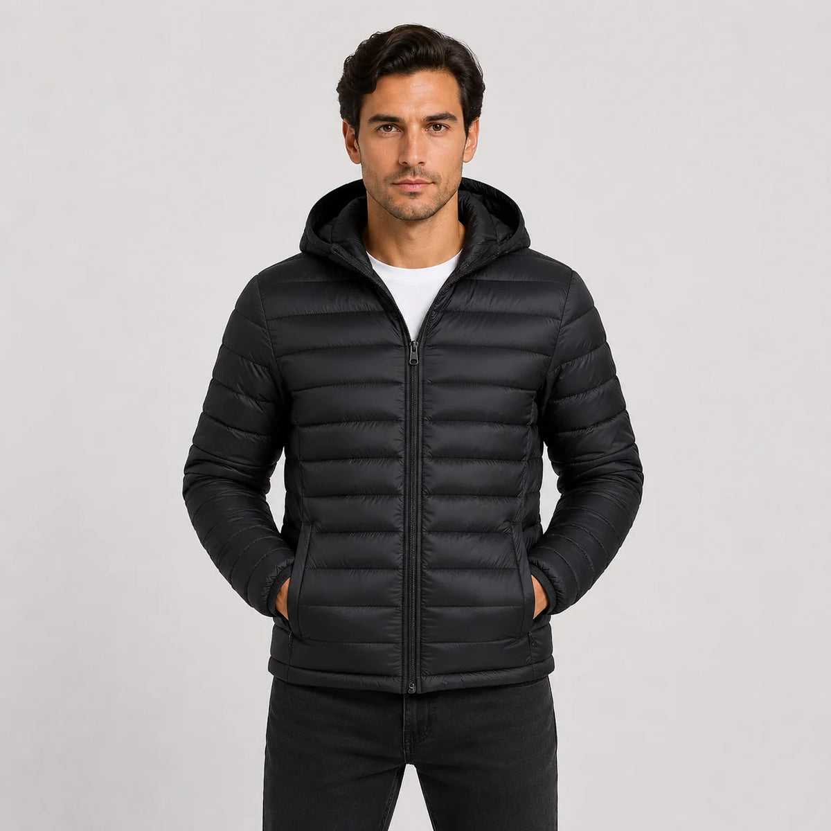 Men's Quilted Hooded Jacket - Warm Winter Full Zip