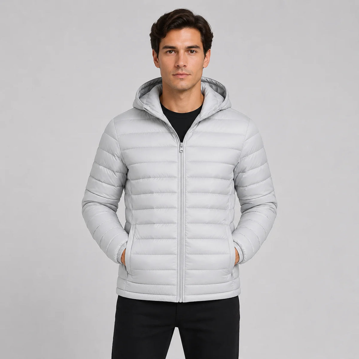 Men's Quilted Hooded Jacket - Warm Winter Full Zip