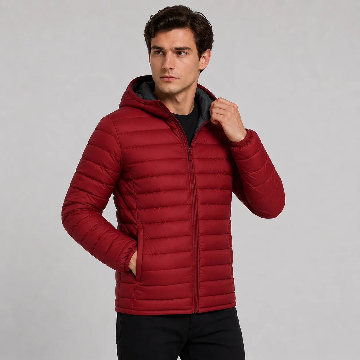 Men's Quilted Hooded Jacket - Warm Winter Full Zip