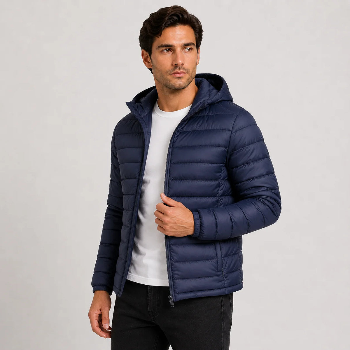 Men's Quilted Hooded Jacket - Warm Winter Full Zip