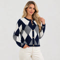 Women's Argyle Cardigan - Crew Neck Fall Winter Sweater
