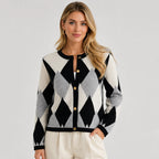 Women's Argyle Cardigan - Crew Neck Fall Winter Sweater