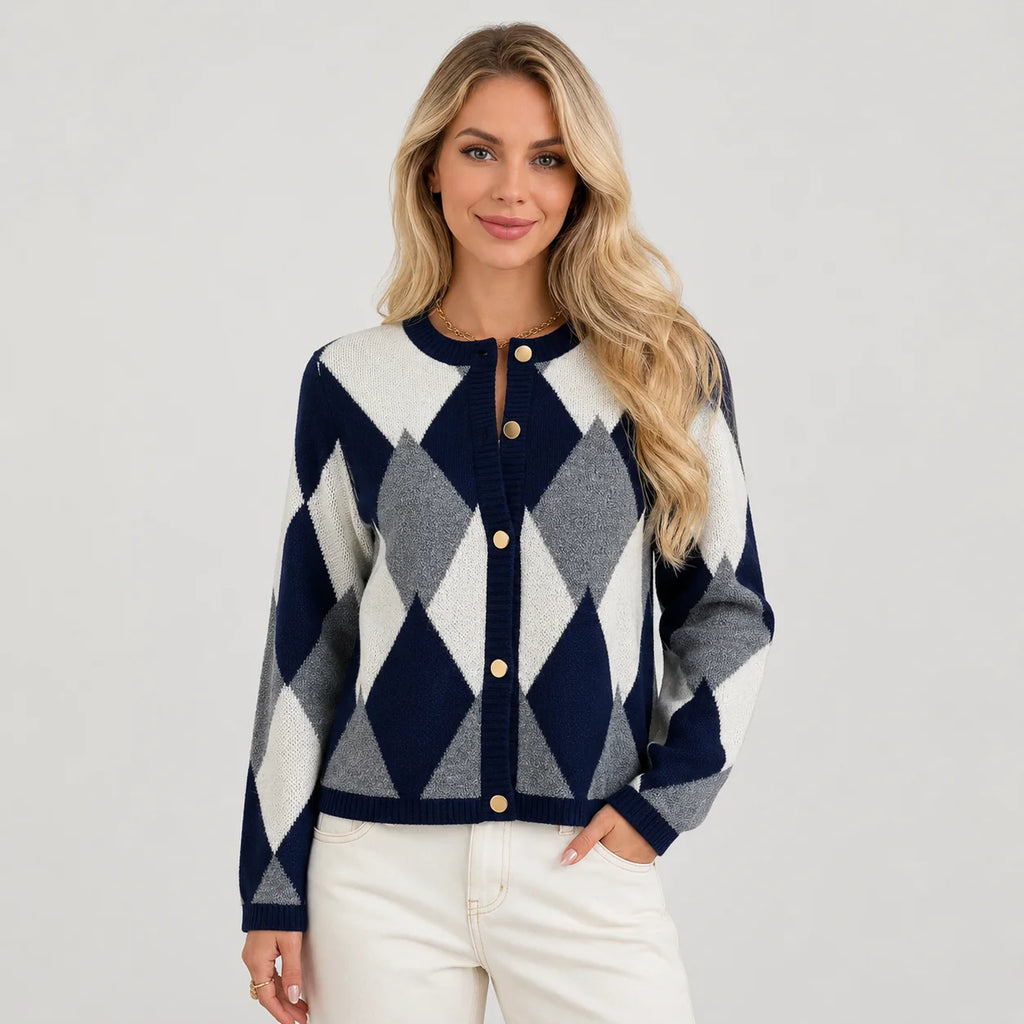 Women's Argyle Cardigan - Crew Neck Fall Winter Sweater