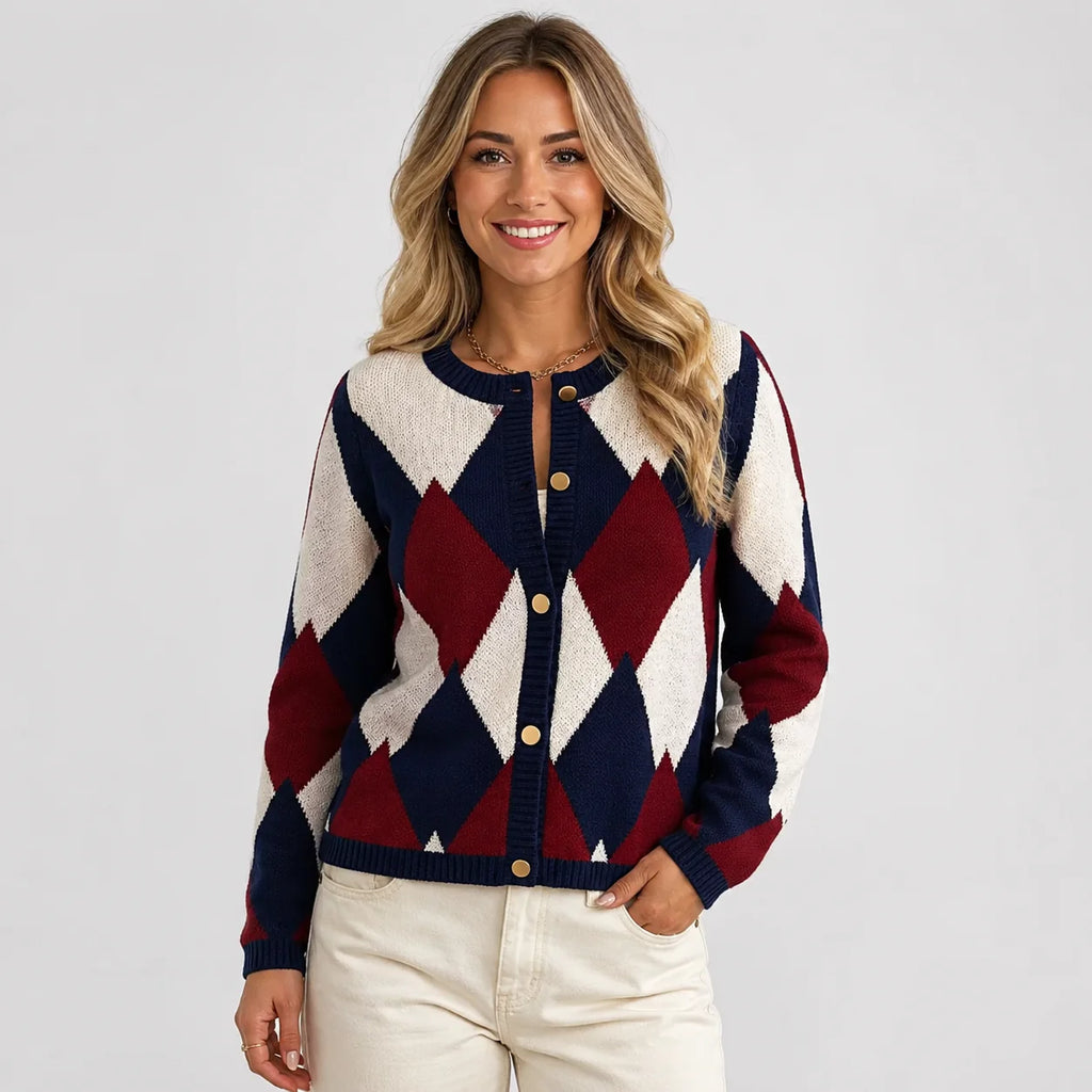 Women's Argyle Cardigan - Crew Neck Fall Winter Sweater