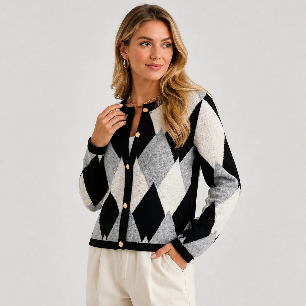 Women's Argyle Cardigan - Crew Neck Fall Winter Sweater