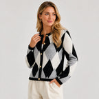 Women's Argyle Cardigan - Crew Neck Fall Winter Sweater
