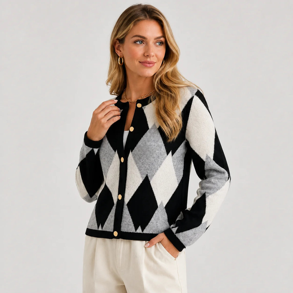 Women's Argyle Cardigan - Crew Neck Fall Winter Sweater