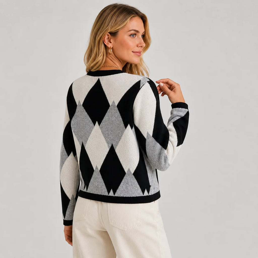 Women's Argyle Cardigan - Crew Neck Fall Winter Sweater