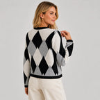 Women's Argyle Cardigan - Crew Neck Fall Winter Sweater