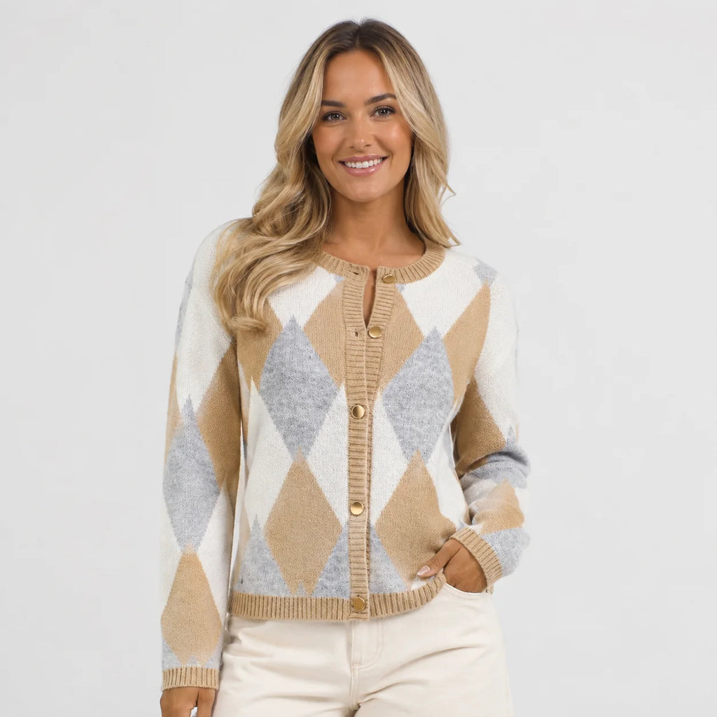 Women's Argyle Cardigan - Crew Neck Fall Winter Sweater