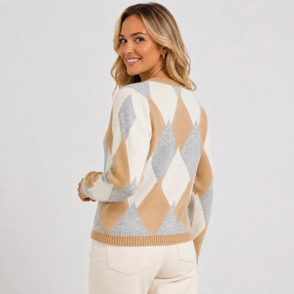 Women's Argyle Cardigan - Crew Neck Fall Winter Sweater