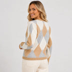 Women's Argyle Cardigan - Crew Neck Fall Winter Sweater