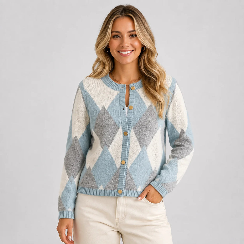 Women's Argyle Cardigan - Crew Neck Fall Winter Sweater