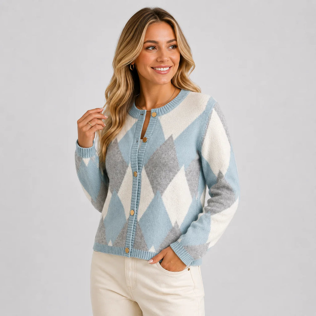 Women's Argyle Cardigan - Crew Neck Fall Winter Sweater