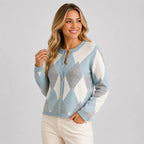 Women's Argyle Cardigan - Crew Neck Fall Winter Sweater