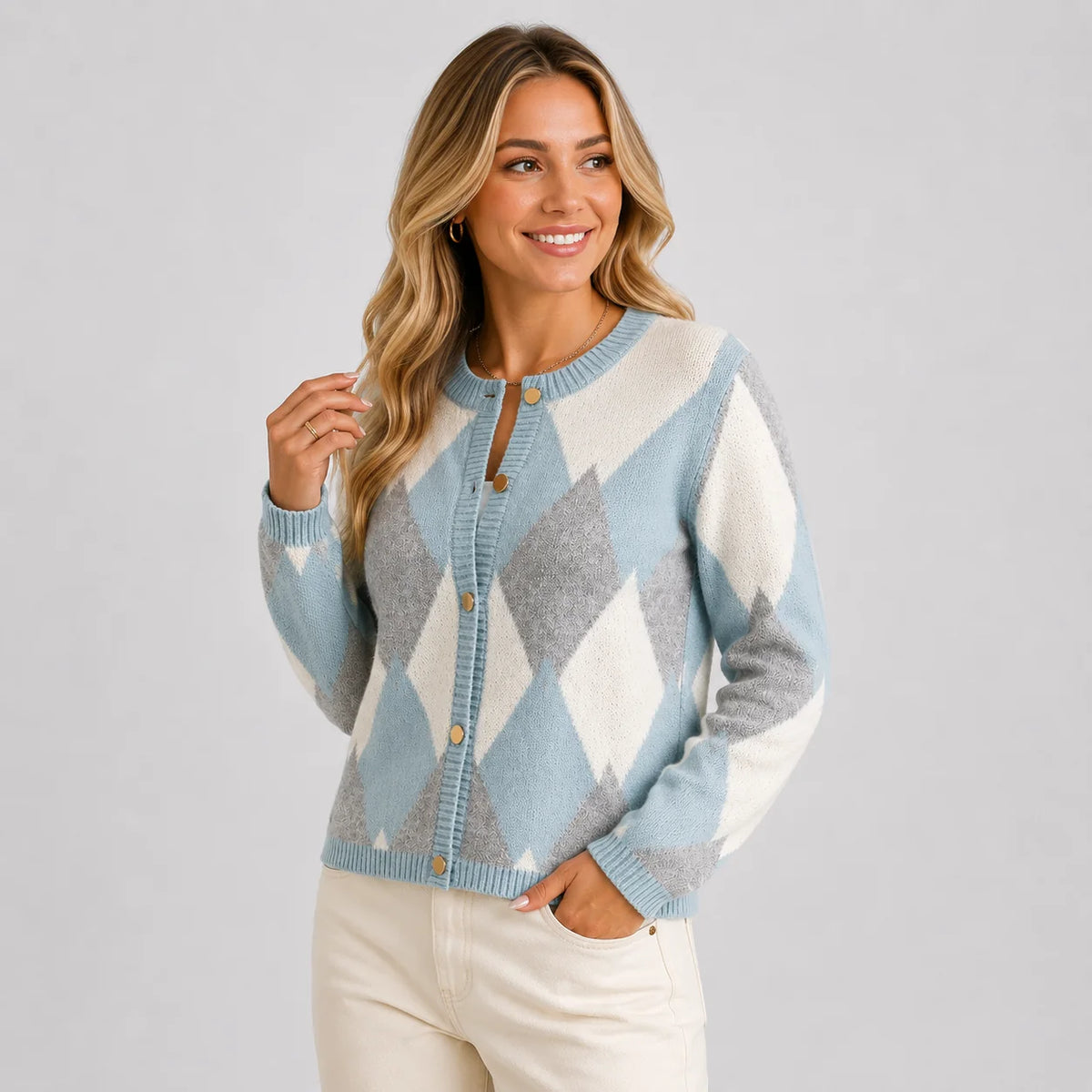 Women's Argyle Cardigan - Crew Neck Fall Winter Sweater