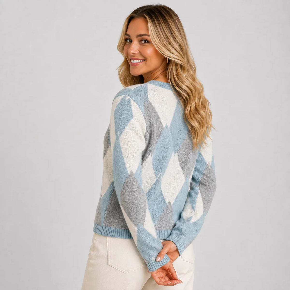 Women's Argyle Cardigan - Crew Neck Fall Winter Sweater