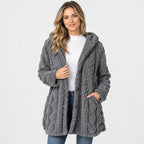 Women's Argyle Hooded Cardigan Coat - Long Loose Fit