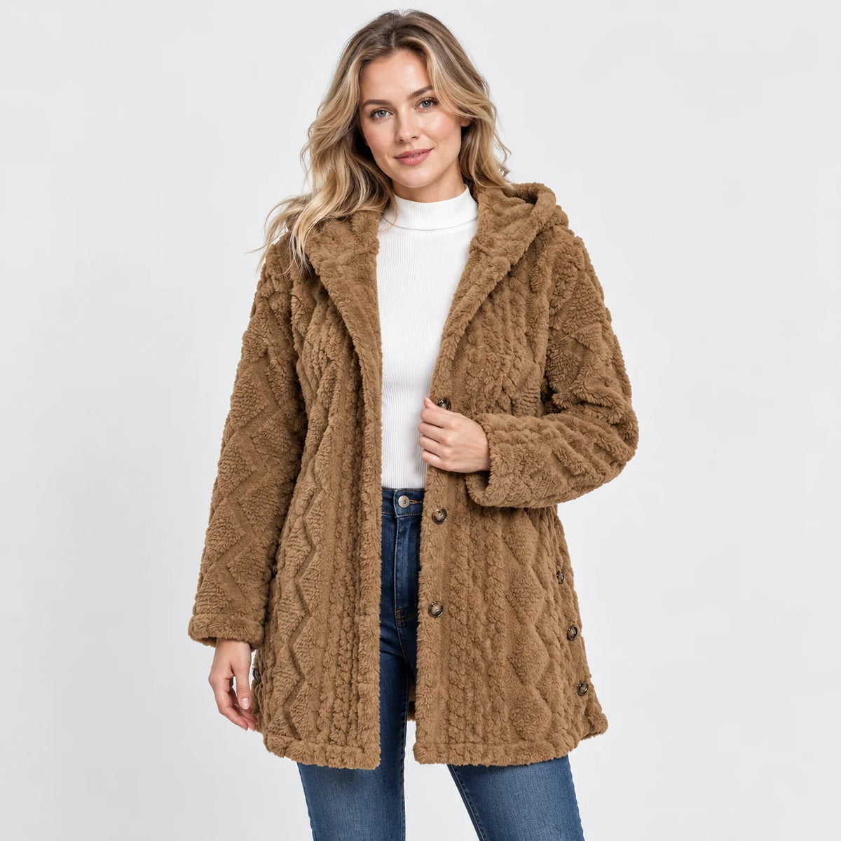 Women's Argyle Hooded Cardigan Coat - Long Loose Fit