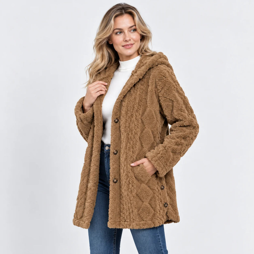 Women's Argyle Hooded Cardigan Coat - Long Loose Fit