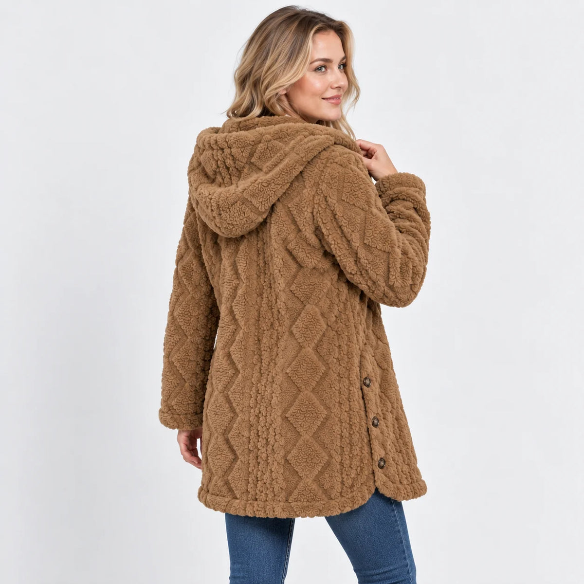 Women's Argyle Hooded Cardigan Coat - Long Loose Fit
