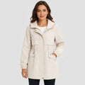 Women's Hooded Trench Coat - Drawstring Waist Knee Length