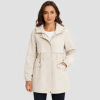 Women's Hooded Trench Coat - Drawstring Waist Knee Length