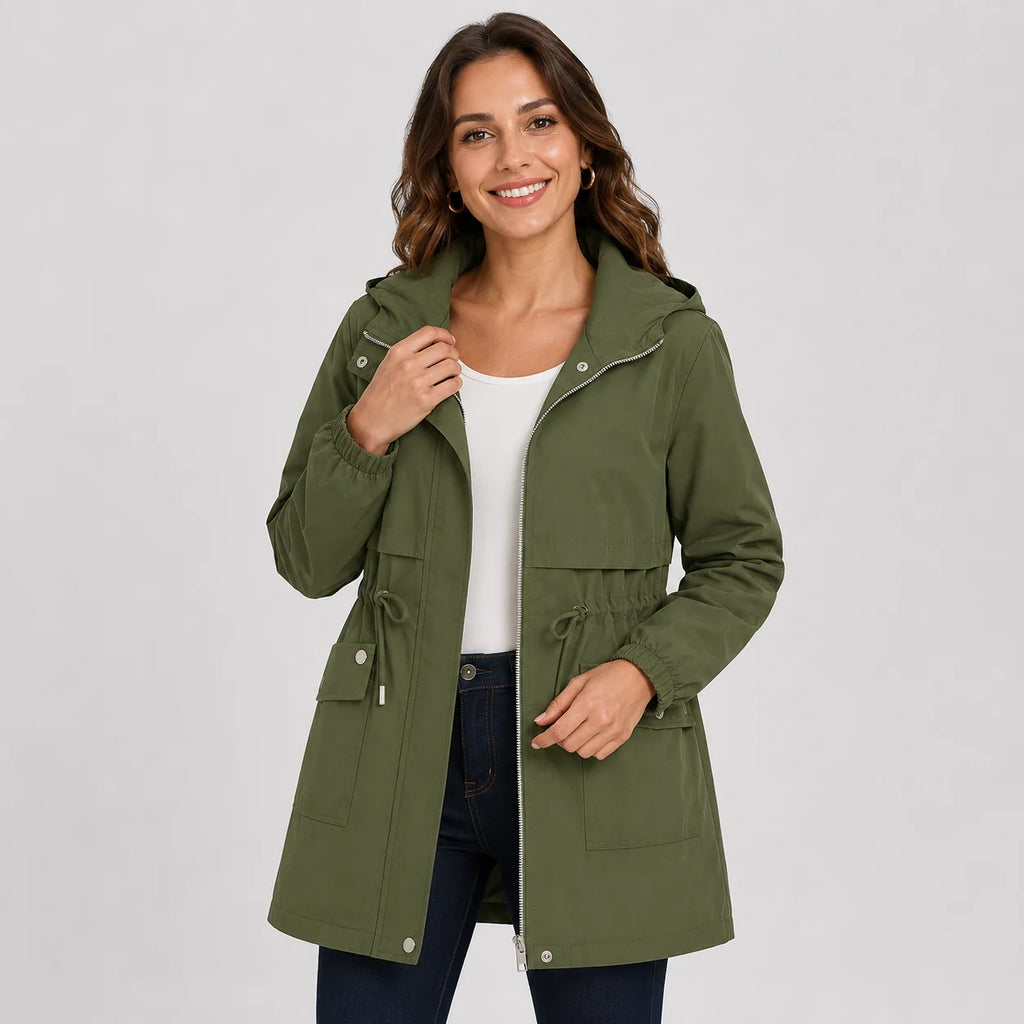 Women's Hooded Trench Coat - Drawstring Waist Knee Length
