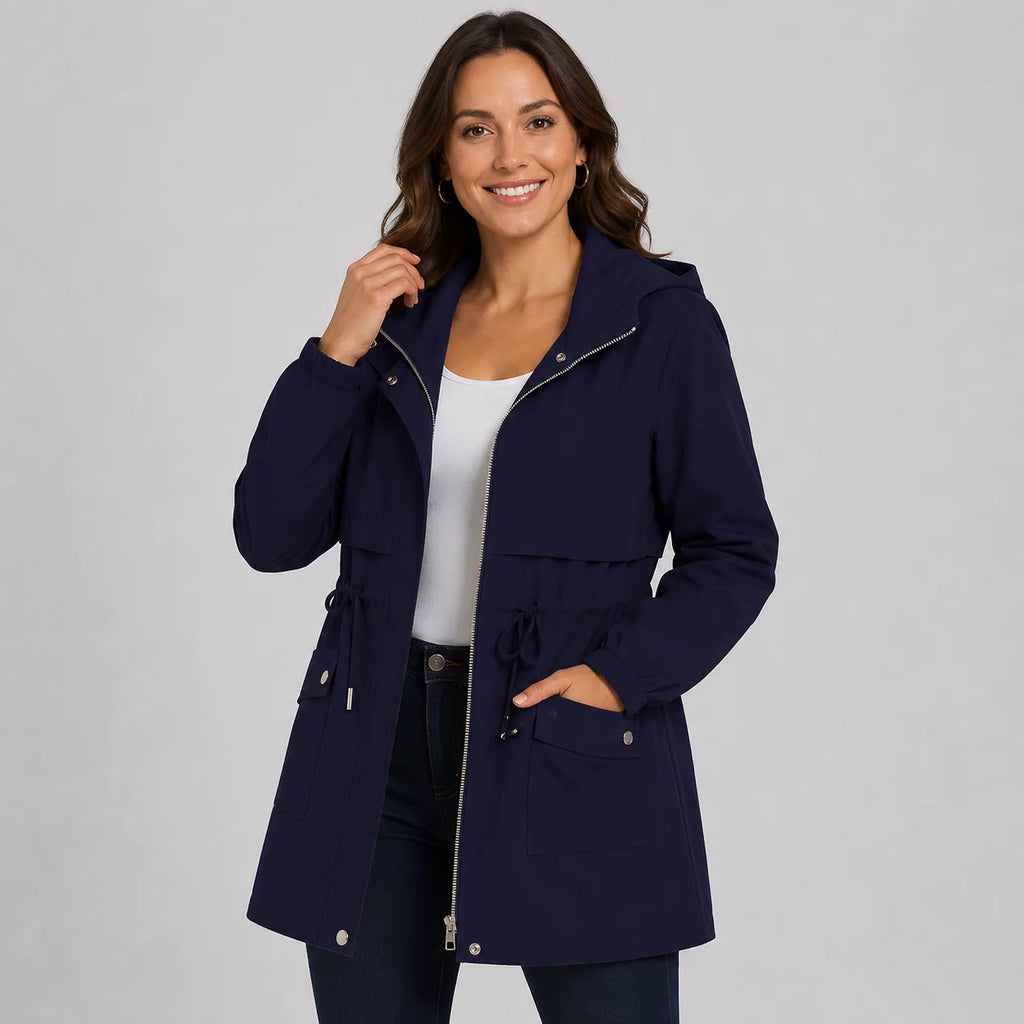 Women's Hooded Trench Coat - Drawstring Waist Knee Length
