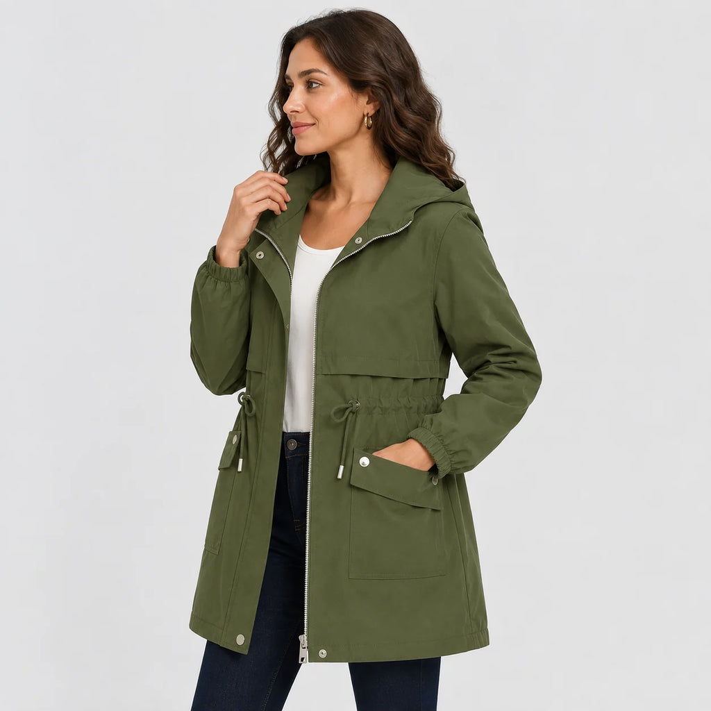 Women's Hooded Trench Coat - Drawstring Waist Knee Length