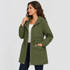 Women's Hooded Trench Coat - Drawstring Waist Knee Length