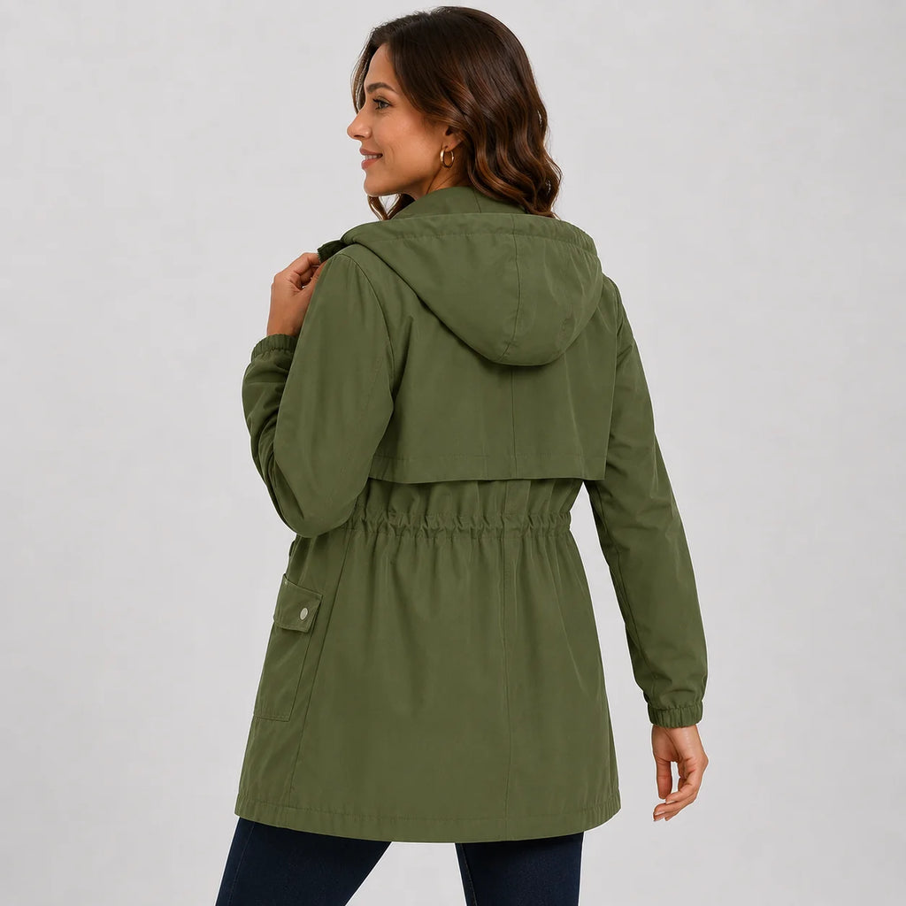 Women's Hooded Trench Coat - Drawstring Waist Knee Length