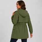 Women's Hooded Trench Coat - Drawstring Waist Knee Length