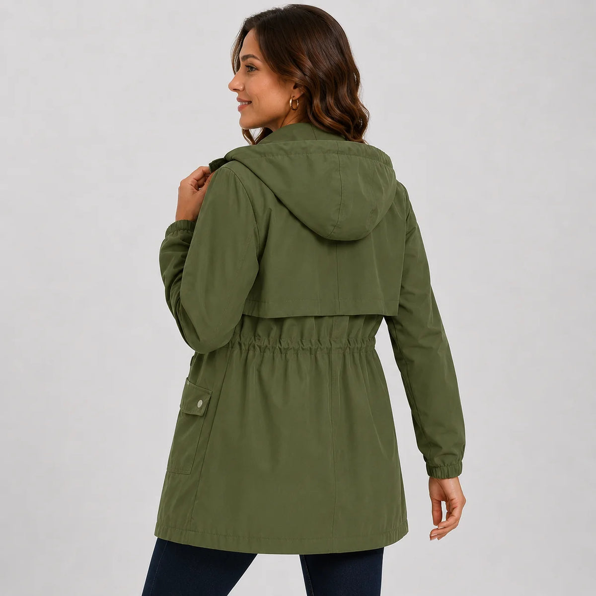 Women's Hooded Trench Coat - Drawstring Waist Knee Length