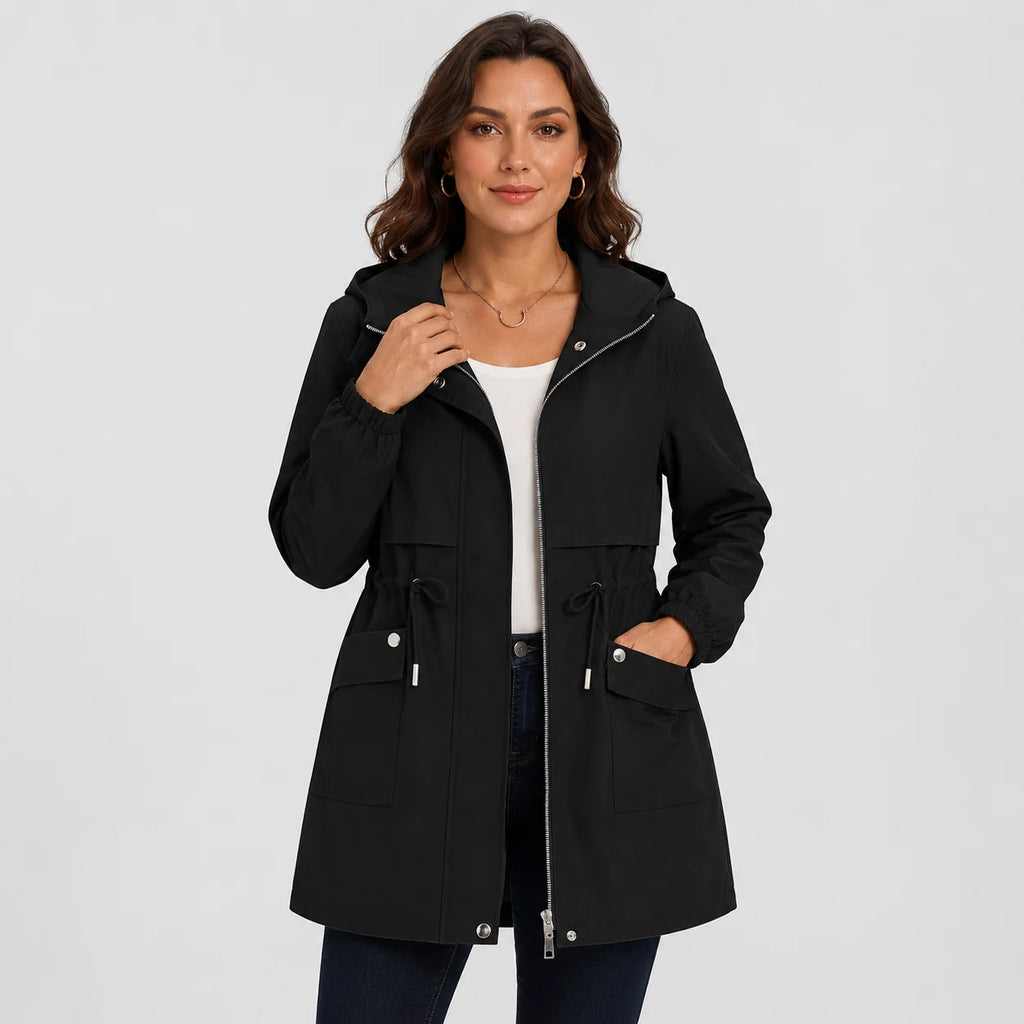 Women's Hooded Trench Coat - Drawstring Waist Knee Length