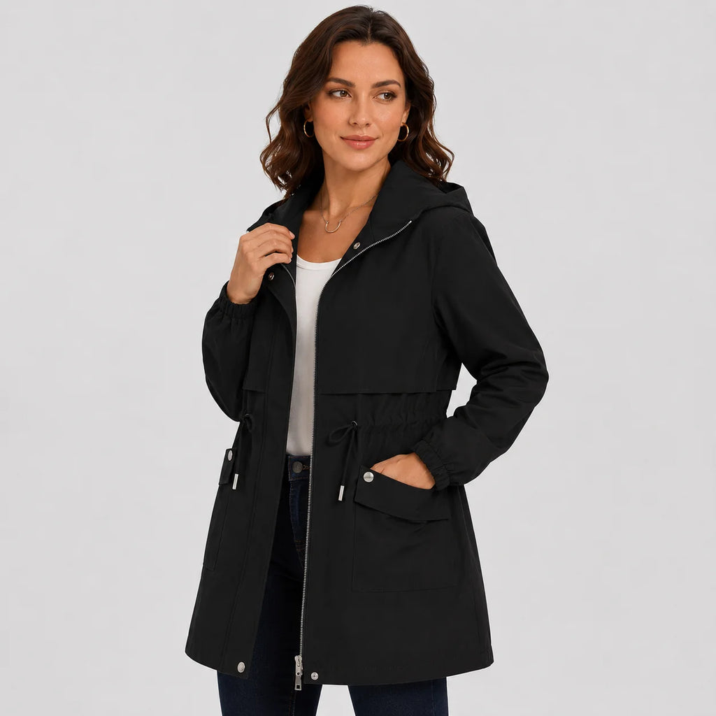 Women's Hooded Trench Coat - Drawstring Waist Knee Length