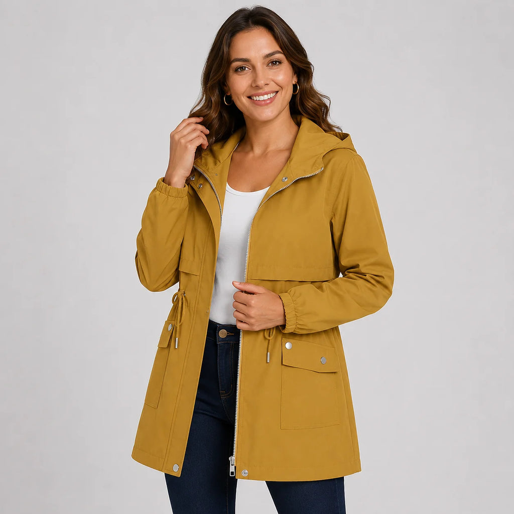 Women's Hooded Trench Coat - Drawstring Waist Knee Length