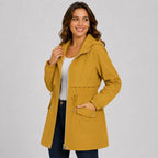 Women's Hooded Trench Coat - Drawstring Waist Knee Length