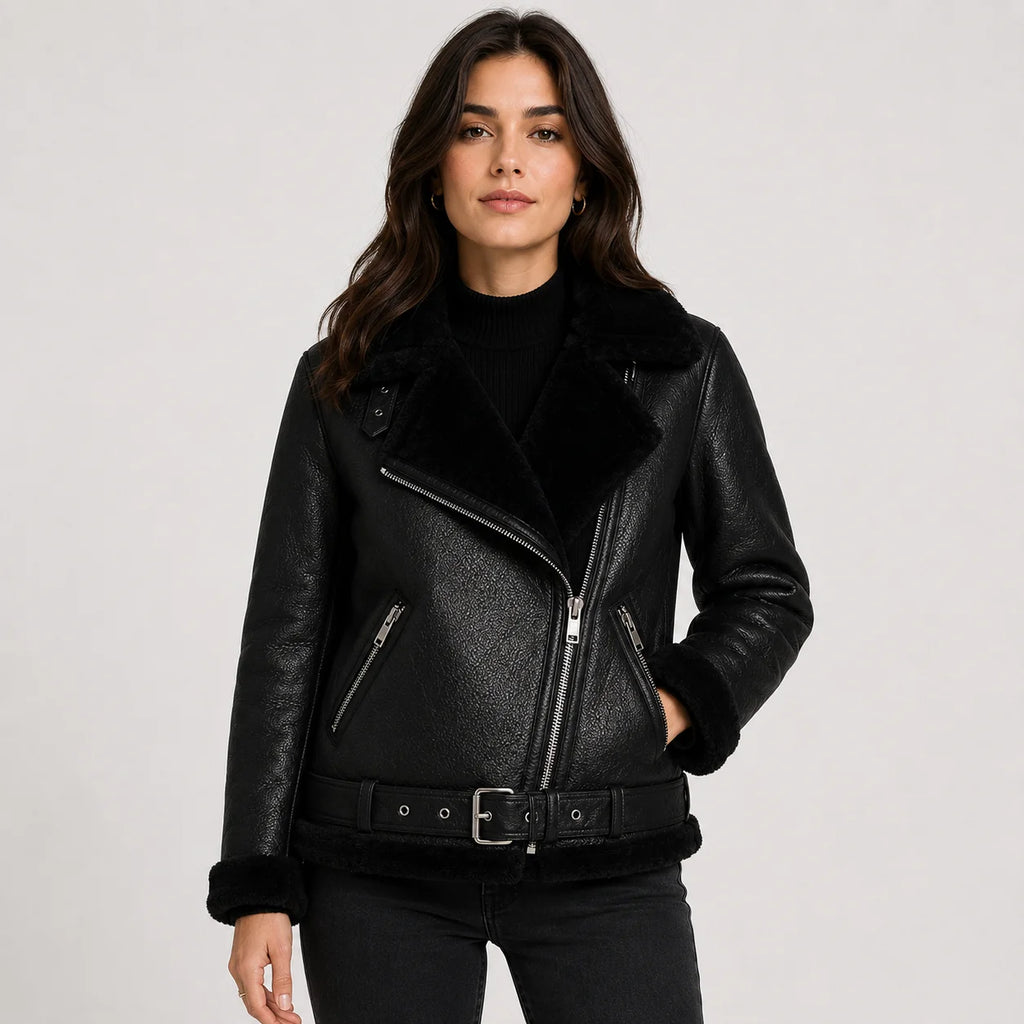 Women's Jacket Faux Leather Fleece Lined Belted Longline