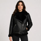 Women's Jacket Faux Leather Fleece Lined Belted Longline