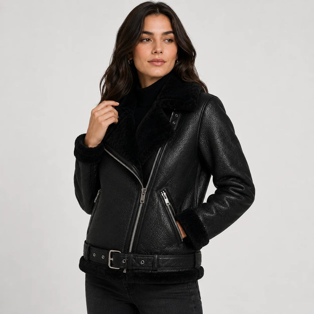 Women's Jacket Faux Leather Fleece Lined Belted Longline