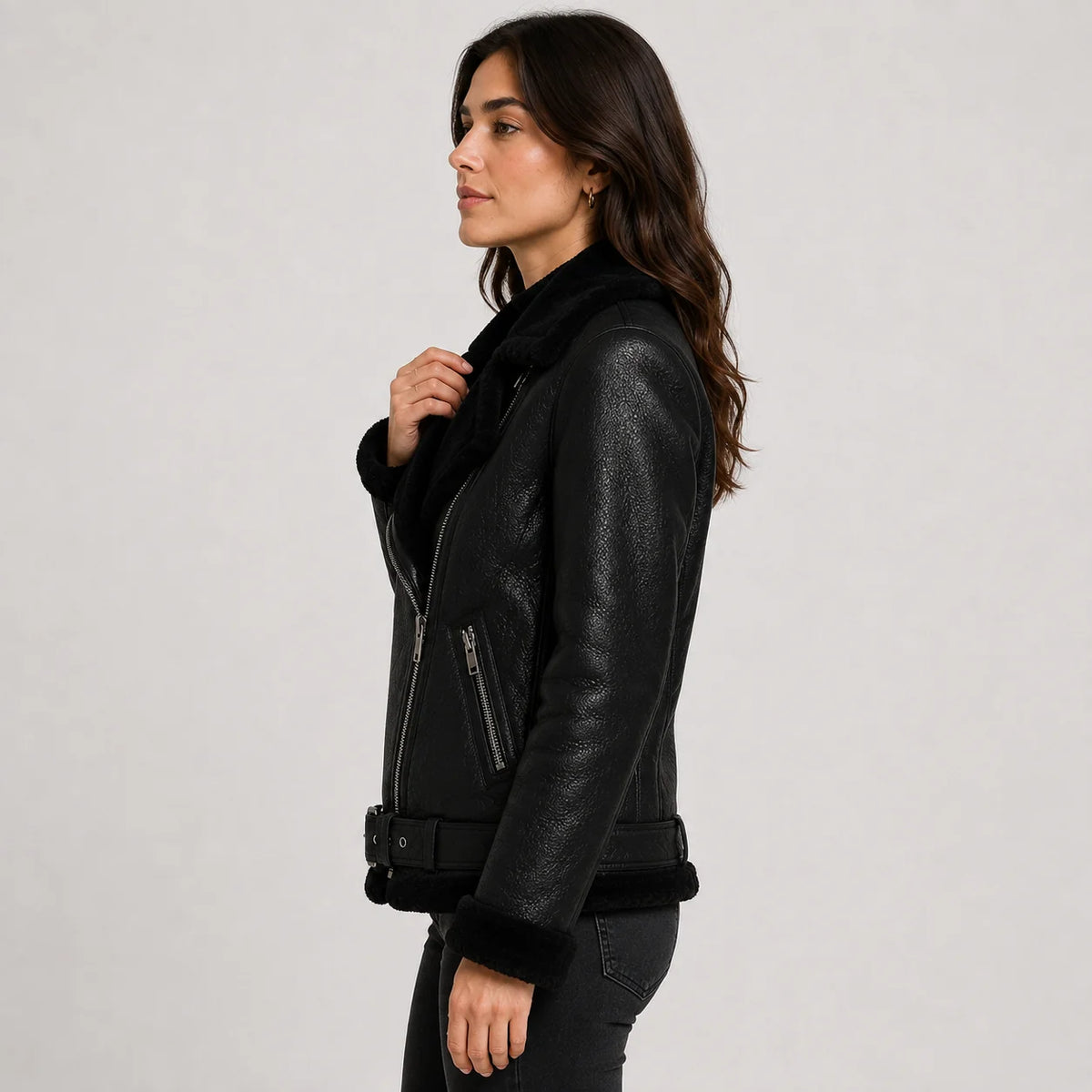 Women's Jacket Faux Leather Fleece Lined Belted Longline
