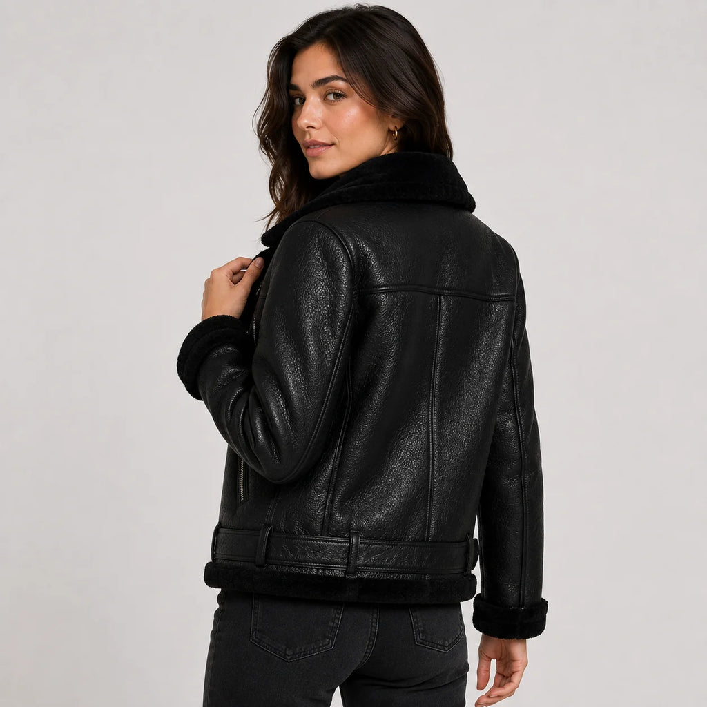 Women's Jacket Faux Leather Fleece Lined Belted Longline