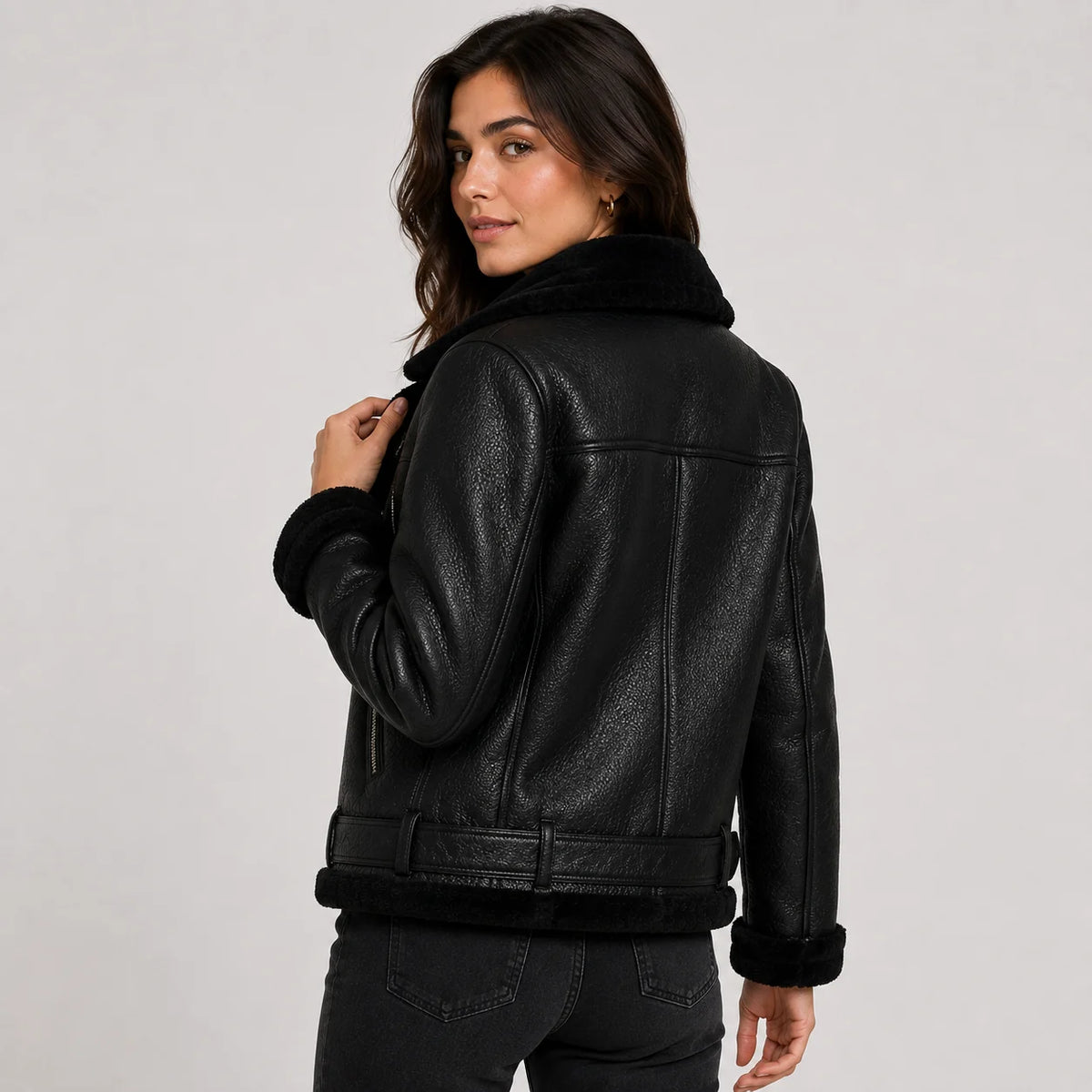 Women's Jacket Faux Leather Fleece Lined Belted Longline