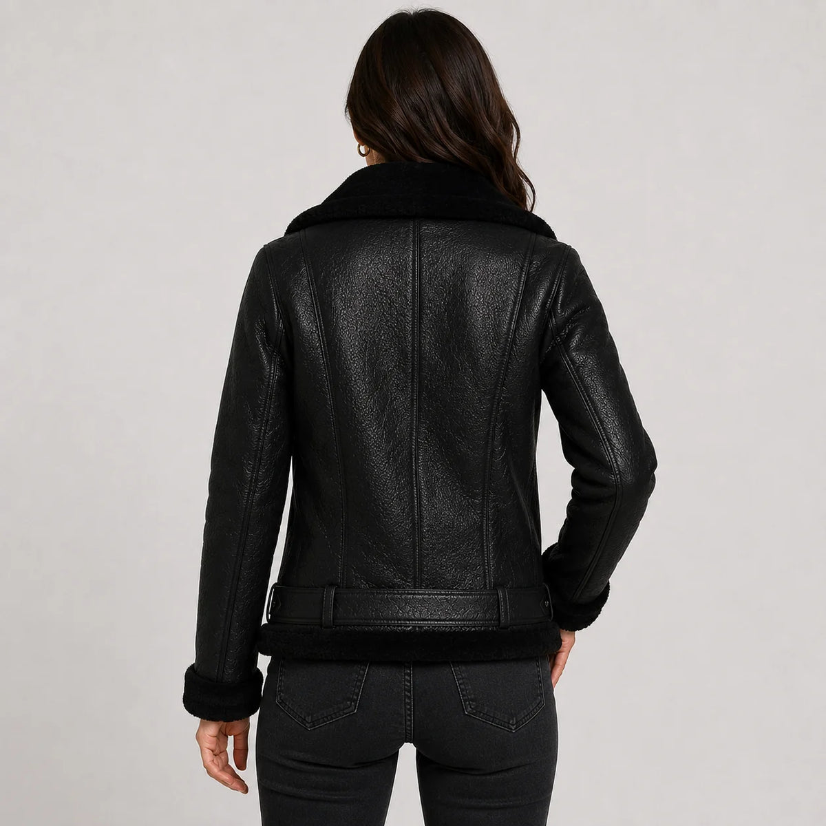 Women's Jacket Faux Leather Fleece Lined Belted Longline