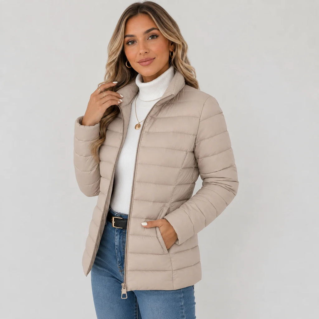 Women's Lightweight Puffer Jacket - Warm High Neck Zip Front