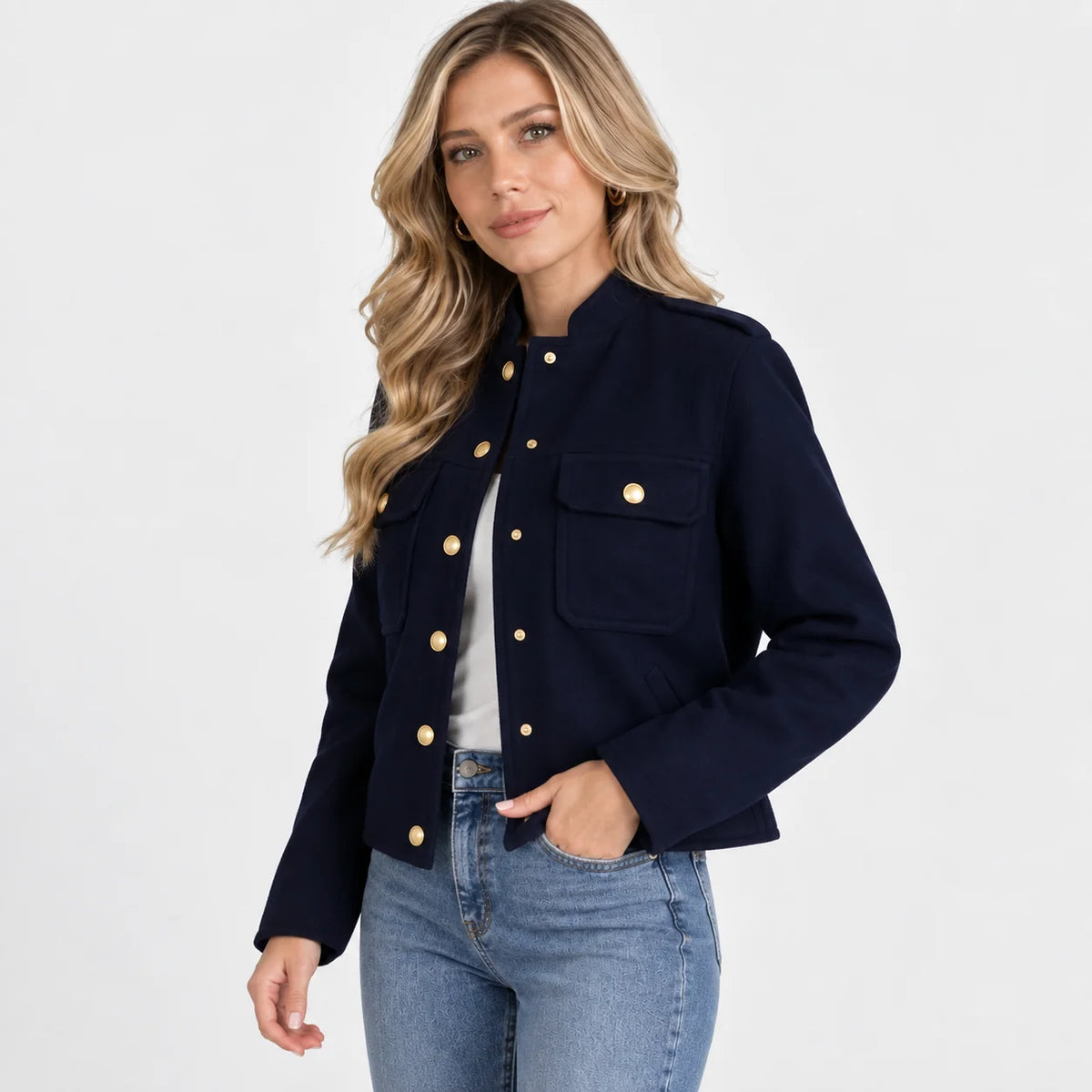 Women's Lined Jacket - Button Front Round Neck