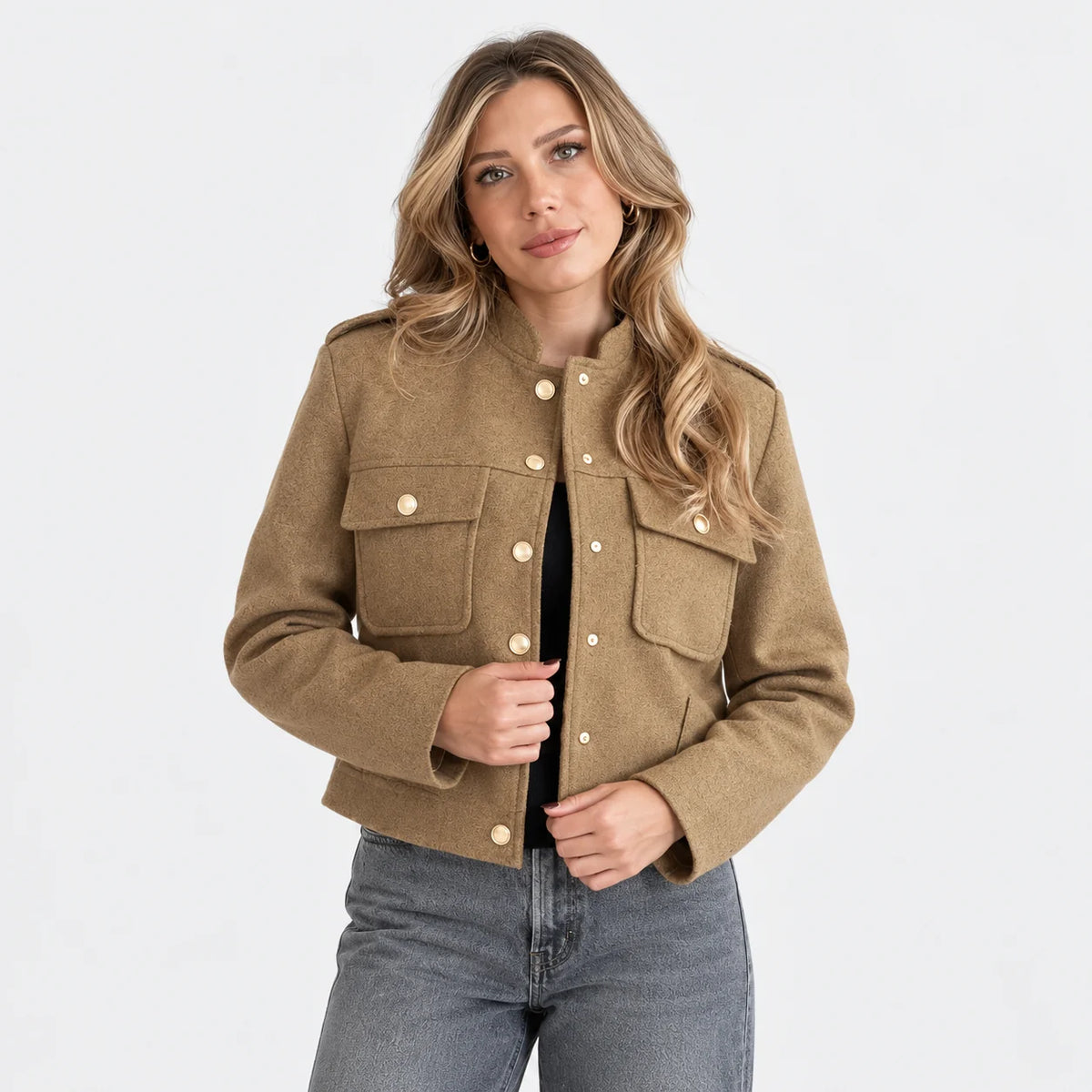 Women's Lined Jacket - Button Front Round Neck